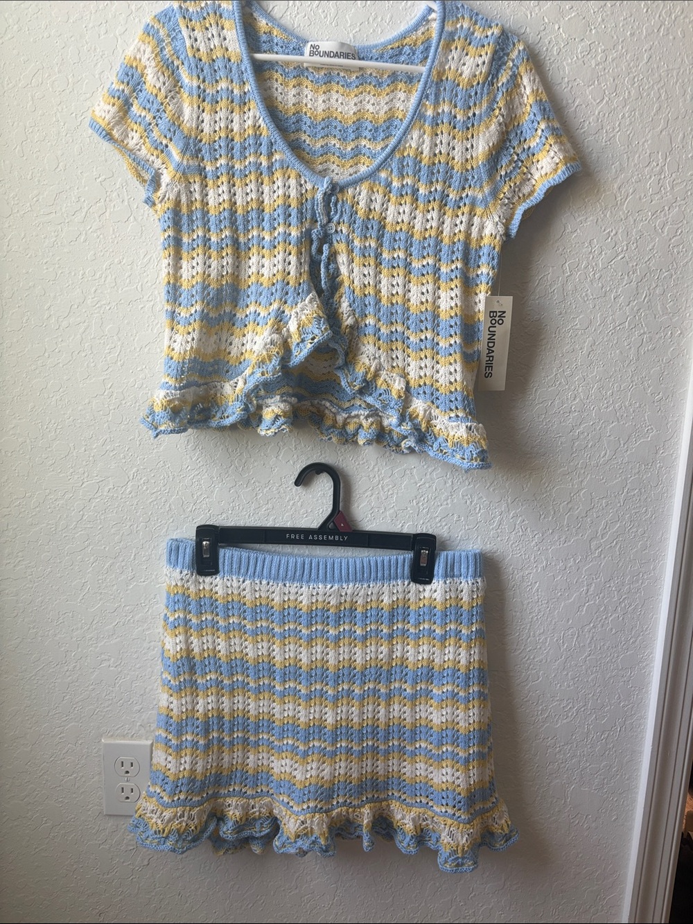No Boundaries Yellow White and Light Blue Crochet Crop Top and Mini Skirt Set